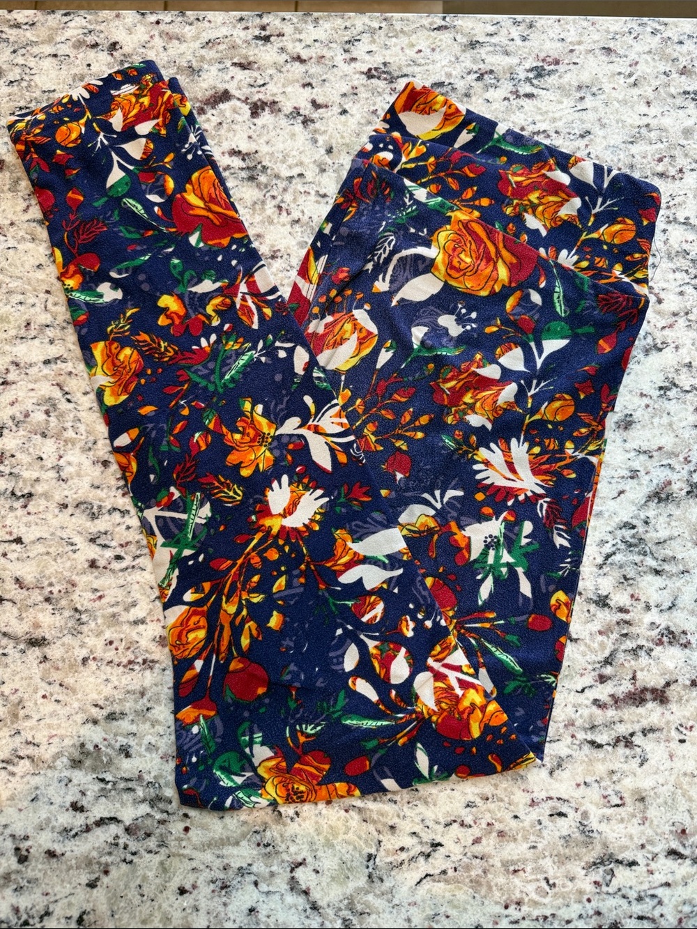 LuLaRoe Navy Floral Leggings with Orange, Yellow & Green